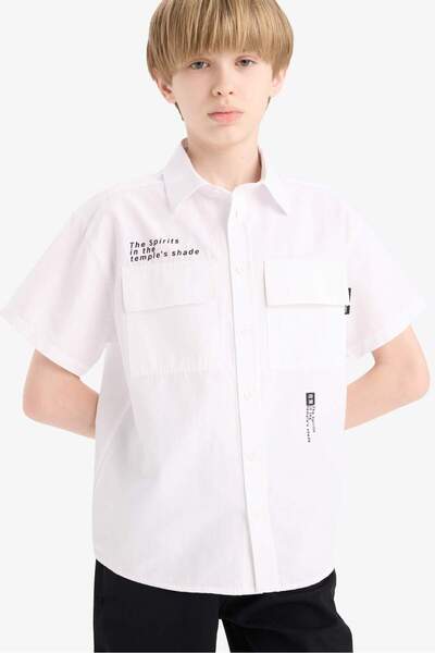 DeFacto Cămașă cu mânecă scurtă din poplin, cu imprimeu, cu guler polo, supra...