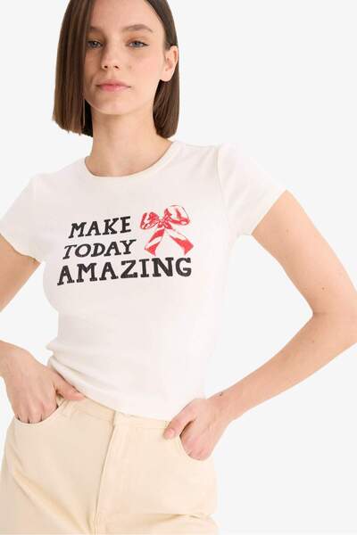 DeFacto Fitted Crew Neck Printed Ribbed Short Sleeve T-Shirt E7988Ax25Sp