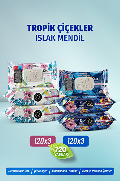Papilion Tropik Çiçekler Islak Mendil 120 Yaprak x 6 Paket (720 Yaprak) pH De...