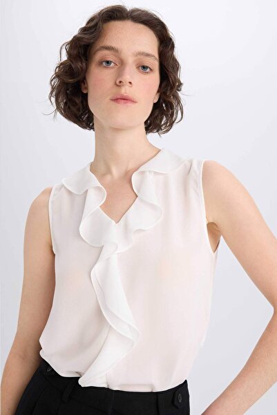 DeFacto Regular Fit V-Neck Chiffon Sleeveless Blouse D3128Ax24Hs