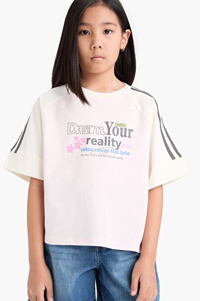 DeFacto Релакс Fit велосипедна блуза с къс ръкав и принт на врата за момичета...