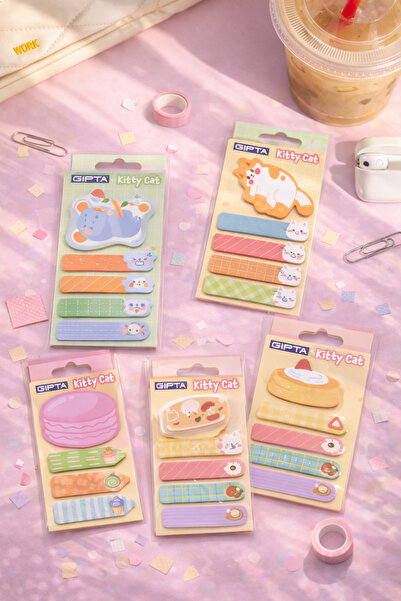 matheon GIPTA Kitty Cat Sevimli Yapışkan Notluk Seti 5’li – Renkli Mini Not K...