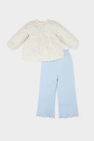 DeFacto 2-Piece Set Floral Muslin Long Sleeve Blouse Elastic Waist Wide Loose...