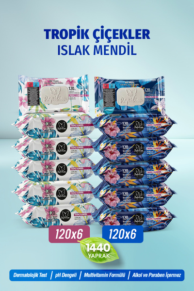 Papilion Tropik Çiçekler Islak Mendil 120 Yaprak x 12 Paket (1440 Yaprak) Meg...
