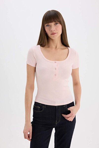 DeFacto Slim Fit Slim Fit Στρογγυλή λαιμόκοψη Basic Μασίφ Κοντομάνικο μπλουζά...