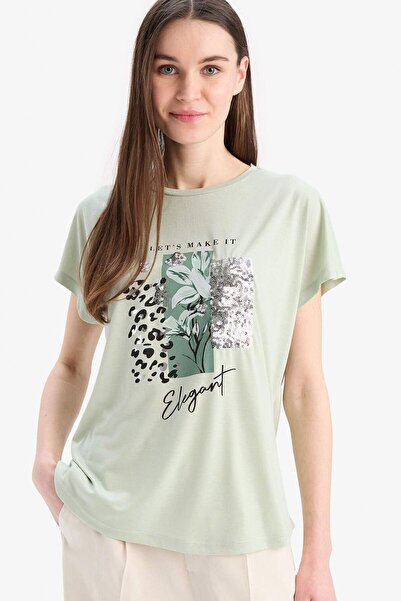 DeFacto Bedrucktes T-Shirt mit Rundhalsausschnitt und Fledermausärmeln D8926A...