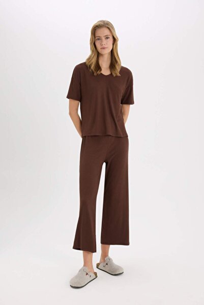 DeFacto Pajama Set Corded Fabric Ribbed Knit Short Sleeve Top Elastic Waist C...