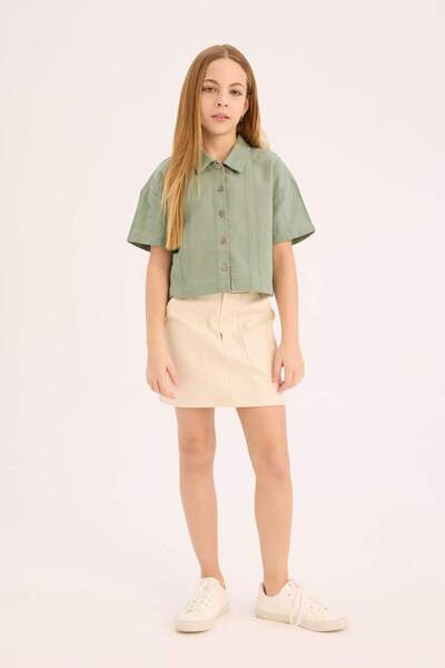 DeFacto %100 Pamuk Cropped Fit Keten Kısa Kollu Gömlek Kız Çocuk D9143A825SM