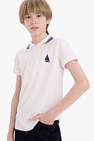 DeFacto Polo-Kragen-T-Shirt mit Stickerei und Piqué-Struktur, kurzärmelig, fü...