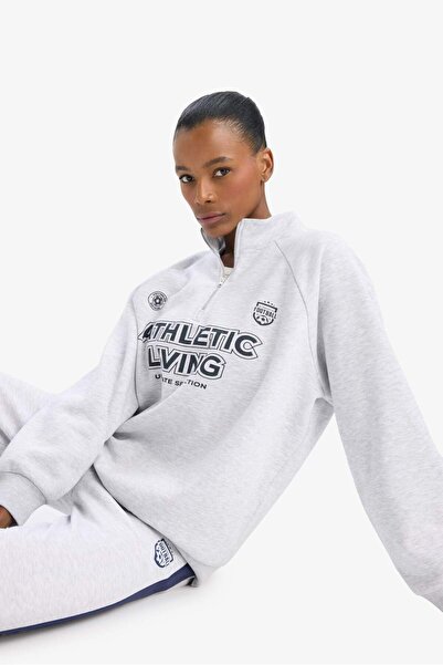 DeFacto Oversize Geniş Kalıp Dik Yaka Baskılı Sporcu Sweatshirt D7754AX25SP