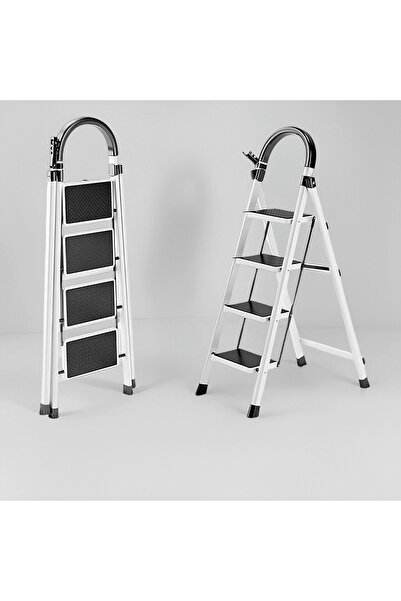 BESTONE Beyaz 4 Basamaklı Katlanabilir Merdiven - Kaymaz Tabanlı Güvenli Ev &...