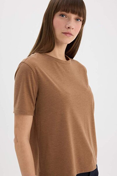 DeFacto Relax Fit Glitzerndes Hellbraunes Damen-T-Shirt C1662AX/BN299