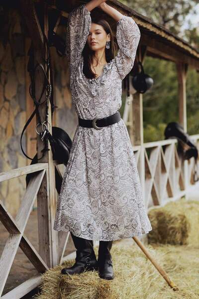 DeFacto Ruffled Neckline Ethnic Print Chiffon Long Sleeve Midi Dress E7169Ax25Sp