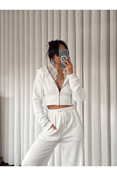 SUN STYLE bumbac Material textil cu glugă dantelă Cardigan detaliat, hanorac ...