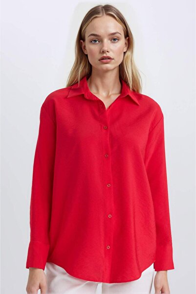 DeFacto Oversize Wide Fit Basic obyčajná červená košeľa s dlhým rukávom E4350...