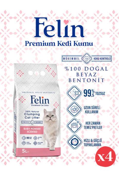FELİN Bebek Pudrası Kokulu Topaklanan Ince Taneli Kedi Kumu 5lx4