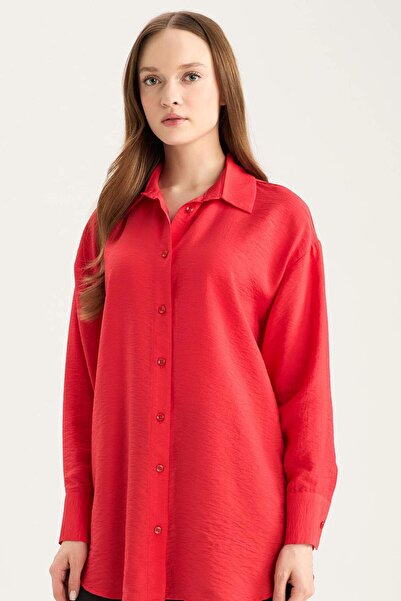 DeFacto Relax Fit Basic Plain Long Sleeve Red Shirt Tunic C0304Ax25Sp
