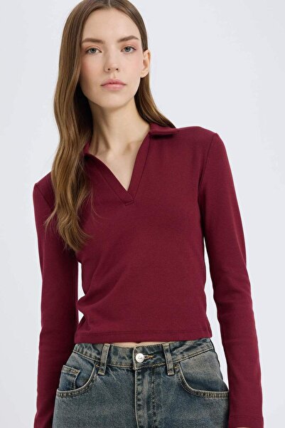 DeFacto Εφαρμοσμένο γιακά Polo Basic Plain Modal Μακρυμάνικο Λευκό T-shirt E7...