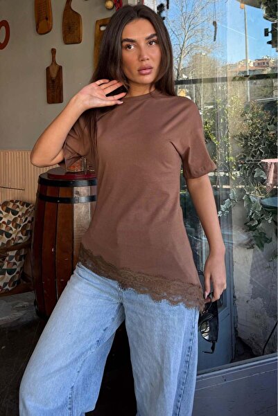 Madmext Καφέ Δαντέλα Λεπτομερές Με εφαρμογή στη μέση Ασύμμετρο Γυναικείο T-Sh...