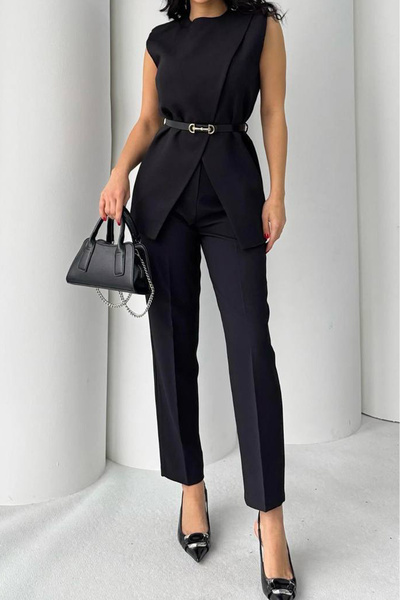 Neşeli Butik costum de damă negru cu detaliu curea, vestă și pantaloni, set d...