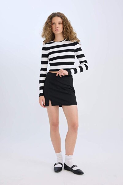 DeFacto High Waist Basic Plain Cotton Slit Lined Mini Skirt D5112Ax25Sp