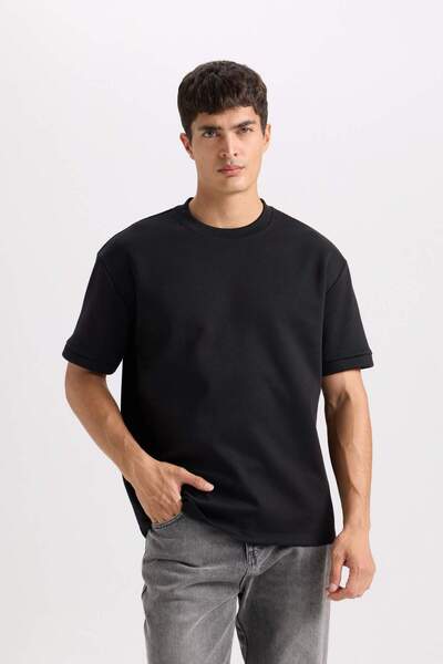 DeFacto Oversize Wide Fit Crew Neck Basic Plain Short Sleeve Heavy Fabric T-S...