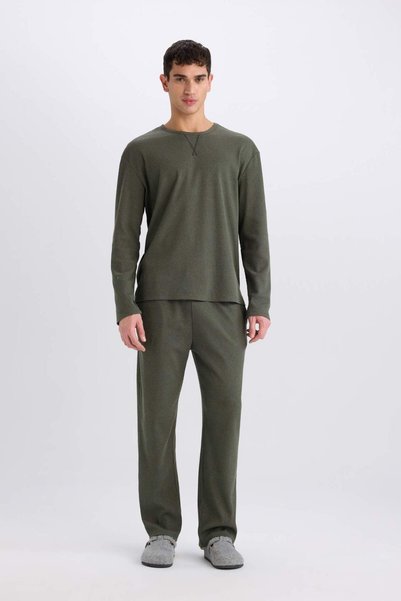 DeFacto Crew Neck Ribbed Pajamas Set - Long Sleeve, Elastic Waist, Long Botto...