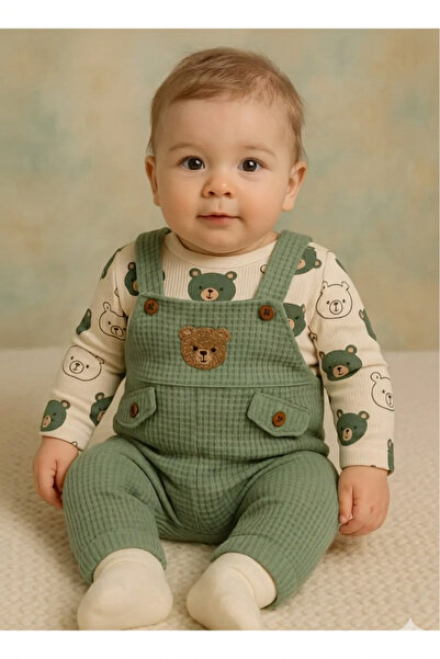 NAFİTO Ayıcık Nakışlı Erkek Bebek 3’lü Tulum Seti – Zıbın, Tulum Ve Çorap | 3...