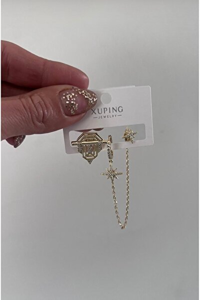 XUPING JEWELRY KUYUMCU SERİ 14K RENGİ ZİRKON TAŞLI YILDIZ T MODEL 3LÜ ÇELİK KÜPE