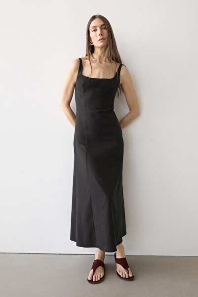 Massimo Dutti Keten askılı midi elbise