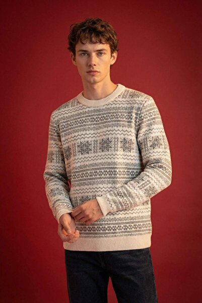 DeFacto Pulover de tricotaj cu decolteu rotund cu tematică de Crăciun, cu pot...