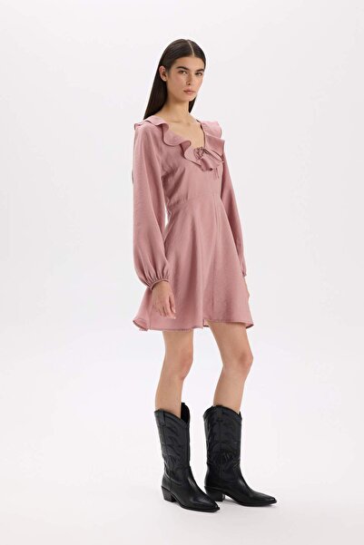 DeFacto V Neck Basic Plain Modal Long Sleeve Black Mini Dress E4213Ax24Wn