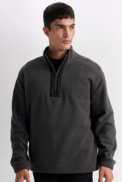 DeFacto Relax Fit Fleece-Sweatshirt mit Stehkragen und Reißverschluss D2688AX...