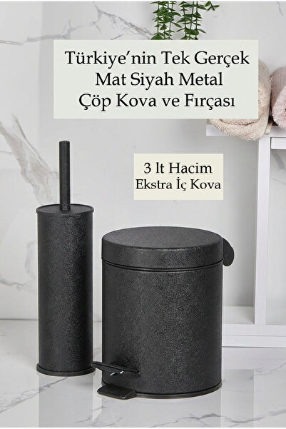 ORSA HOME Mat Siyah Metal 3 Lt Çöp Kovası Ve Tuvalet Fırça Seti 099