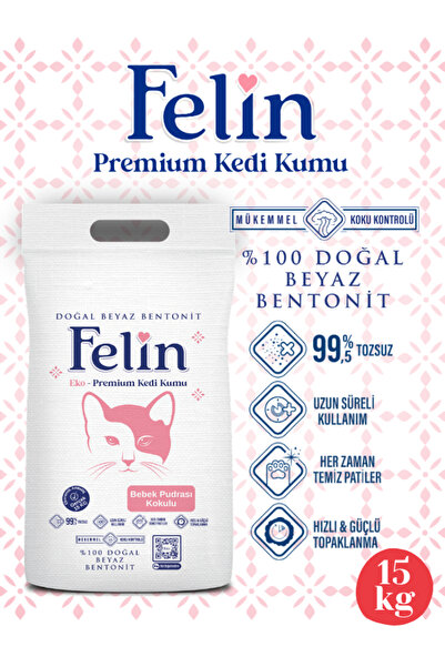 FELİN Bebek Pudrası Kokulu Topaklanan Ince Taneli Kedi Kumu 15 Kg