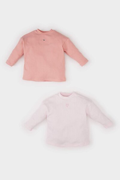 DeFacto Crew Neck Embroidered Corded Fabric Ribbed Knit 2-Piece Long Sleeve T...