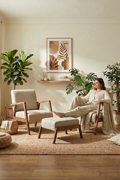 Zem Pavia Çay Seti Ceviz Ahşap, Sütlü Kahve (2 ADET TEKLİ BERJER 1 ADET PUF)