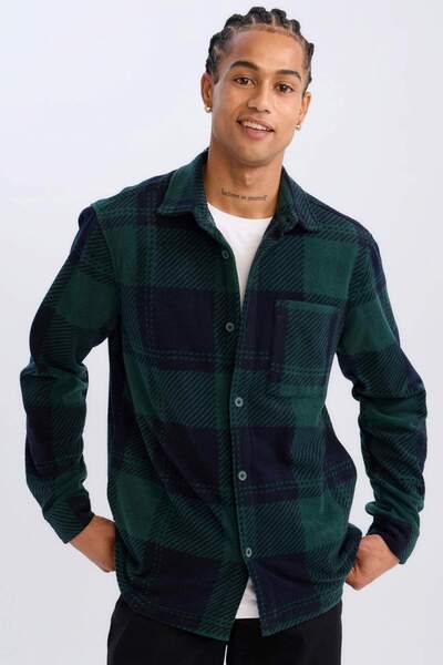 DeFacto Běžná kostkovaná fleecová košile s dlouhým rukávem V2767AZ24WN