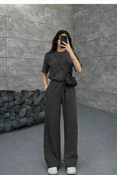 YAKAMEL Kadın Antrasit Melanj Kısa Kollu Penye Likralı Full Esnek Süper Yükse...