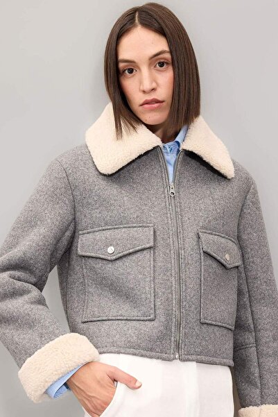 DeFacto Polo Collar Artificial Cured Short Stamp Coat - Plush Lining with Zip...