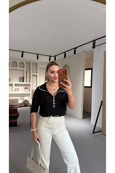 Sezgi Tekin Ecru Piped Polo Collar Black Knitwear Blouse