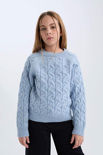 DeFacto Standard Fit Crew Neck Hair Braided Knitwear Sweater Girls C9539A824Wn