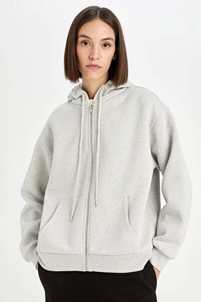 DeFacto Back to School Grey Relax Fit Hooded Sweatshirt - Zip-Up, Flat Pocket...