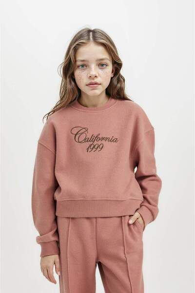 DeFacto Bisiklet Yaka Baskılı Selanik Kumaş Gül Kurusu Kız Çocuk Sweatshirt D...