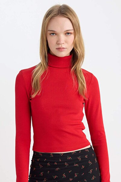 DeFacto Red Fitted Turtleneck Corded Fabric Ribbed Knit Basic Plain Long Slee...