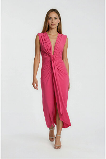Spazio Onisto Omuz Pileli Önü Derin V Uzun Abiye Elbise FUŞYA