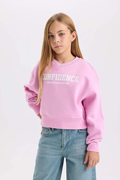 DeFacto V Yaka Baskılı İçi Yumuşak Tüylü Sweatshirt Kız Çocuk D3496A824WN