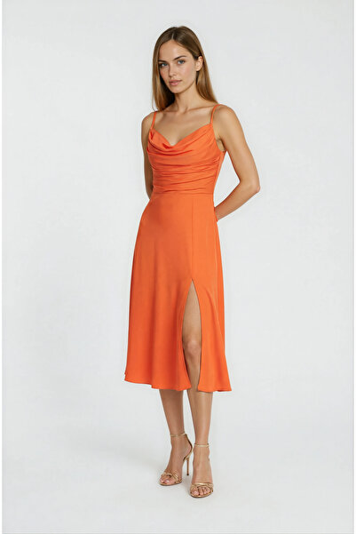 Spazio Riemelt Degaje Yaka Askılı Şırt Çarpraz Bağcıklı Midi Abiye Elbise ORANJ
