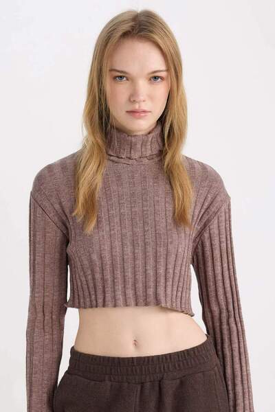 DeFacto Turtleneck Crop Basic Plain Corded Fabric Ribbed Knit Long Sleeve T-S...