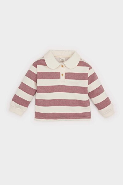 DeFacto Bebe Yaka İçi Yumuşak Tüylü Çizgili Sweatshirt Kız Bebek D6676A524WN